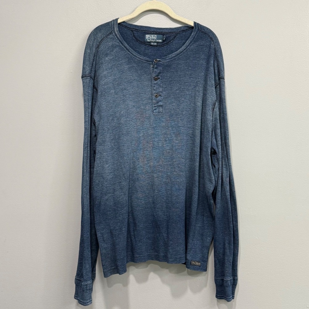 Polo Ralph Lauren Mens XXL Blue Long Sleeve Henley Cotton Shirt Faded Wash